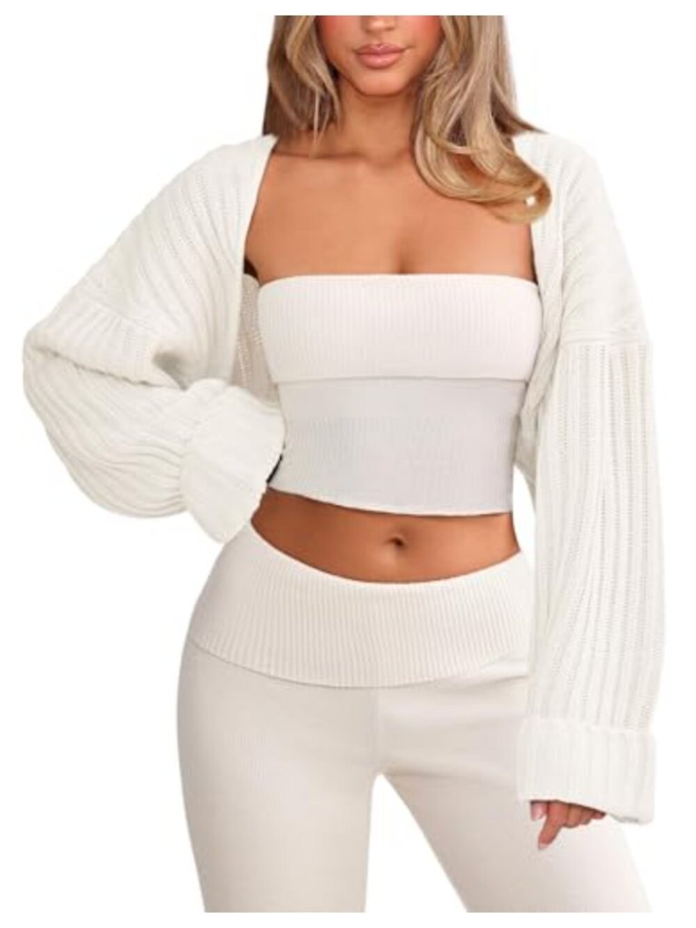 Chunky Knit Cropped Cardigan Bolero Shrug Open Front Long Sleeve